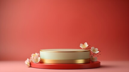 Mint pastel green product circular pedestal with  sakura cherry blossom flowers on red pink background landscape minimalistic product display photography