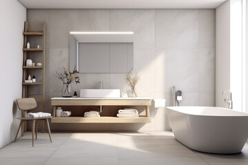 Fototapeta na wymiar Interior of a modern light-colored tiled bathroom with a sink with a mirror and a bathtub