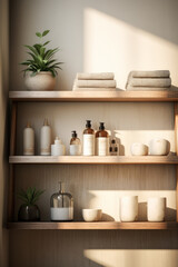 Three wooden shelves with bottles of cosmetics and towels on a beige wall in the bathroom in the sun.