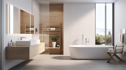 Interior of a modern bathroom in light colors with a sink with a mirror and a bathtub and a window
