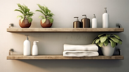 Two wooden shelves with bottles of cosmetics and towels on a beige wall in the bathroom. - obrazy, fototapety, plakaty
