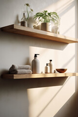two wooden shelves with towels, flowers and skincare products on a beige wall. Mockup