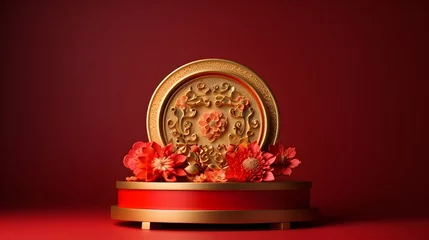 Keuken spatwand met foto Chinese new year theme, red and gold floral flower pedestal stage on red background product display mockup, luxury and minimalistic clean look © Mockup Lab