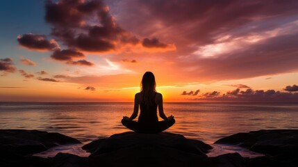 Silhouette of a woman doing yoga by the sea during sunset, women and health