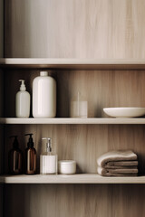 Fototapeta na wymiar Wooden cabinet with shelves with towels and skincare products. Mockup