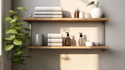 Two wooden shelves with towels and bottles of care cosmetics on a light wall near the window. Mockup