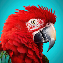 Obraz premium A red feathery parrot with green eyes 