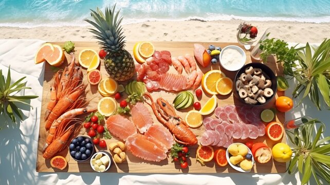Beach picnic spread sandy table featuring picture Ai generated art