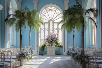 Fototapeta na wymiar a wedding aisle made of bleached blue walls and palm trees