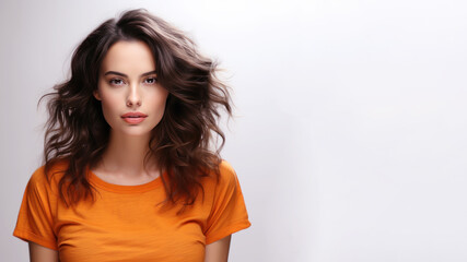 Fototapeta premium Brunette woman wearing orange t-shirt isolated on gray background