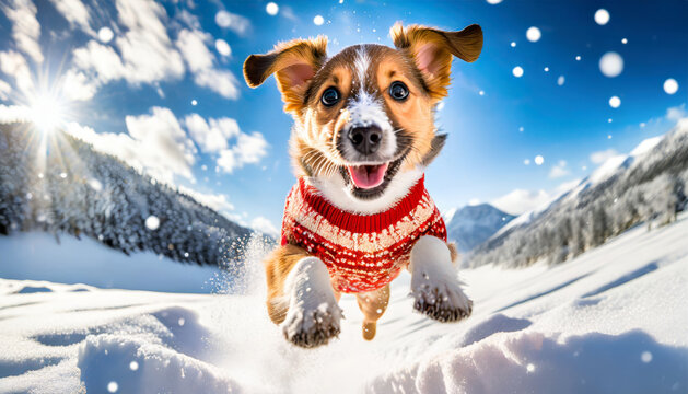 Funny joung jack russell terrier jumps joyfully in the snow, generated image