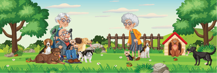 Obraz na płótnie Canvas Elderly People Enjoy Park Outdoors with Their Pet Dogs