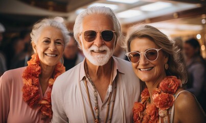 A cheerful group of friends, including adults and seniors, smiling together. - obrazy, fototapety, plakaty