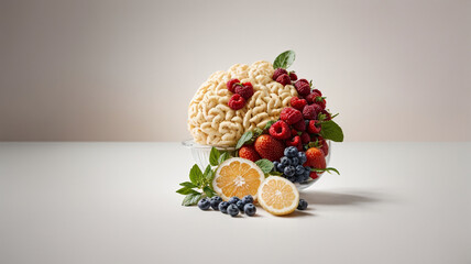 Brain with fruits, concept and eating healthy food
