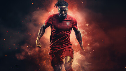 Young sporty athletic african man wearing in red sport clothes, soccer football player in action on dark fire background. Concept of sport, game, action. Copy space for ad. Modern design background