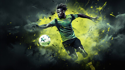 Young sporty athletic african man wearing in green sport clothes, soccer football player in action on dark background with splashes of green paint. Concept of sport, game, action. design background