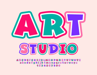 Vector playful emblem Art Studio. Colorful funny Font. Bright Alphabet Letters, Numbers and Symbols set