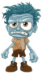 Grumpy Zombie Man Cartoon Character with Blue Skin