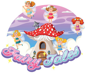 Cute Fairies Cartoon Flying Near Mushroom House