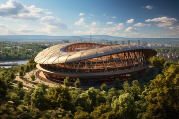 Modern futuristic football stadium in city park