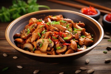 Fried chicken with pepper, mushrooms and chives in bowl. Asian cuisine food