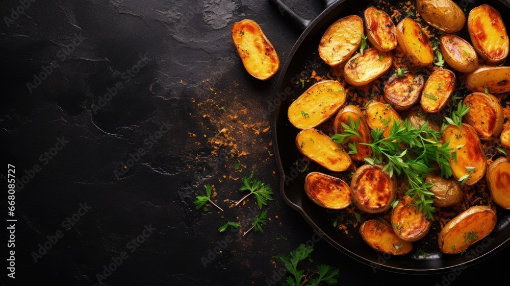 Aufkleber potato wedges cooked in frying pan on dark stone background with space for text