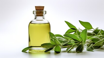 Sage leaves on white background with essential oil bottle