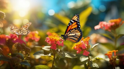 Stunning nature picture monarch butterfly on lantana flower sunny day