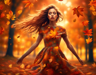 Naklejka premium Autumn colours. Portrait of a beautiful young woman wearing a dress of autumn leaves. Concept of fall season and turning colours. Digital illustration. CG Artwork Background