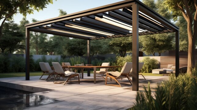 Stylish outdoor pergola with shade awning roof garden seating metal grill and landscaping