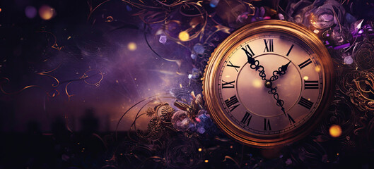 New years eve wallpaper in dark violet and light bronze colors. Vintage clock.
