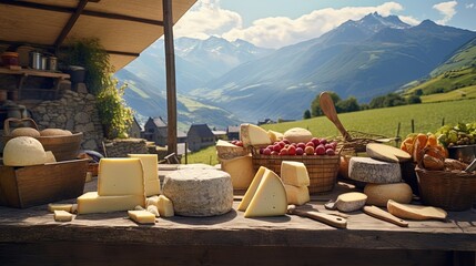 Traditional French cheeses Raclette and Morbier are available at the market in France