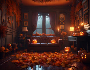 Cozy autumn lounge interior. Amber leaves, soft lights, pumpkins in the darkness of a rainy night. Concept of Halloween and fall. Digital illustration. CG Artwork Background