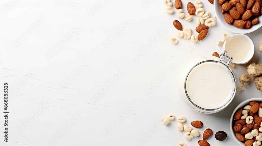 Poster text space available on flat surface with vegan milk and assorted nuts