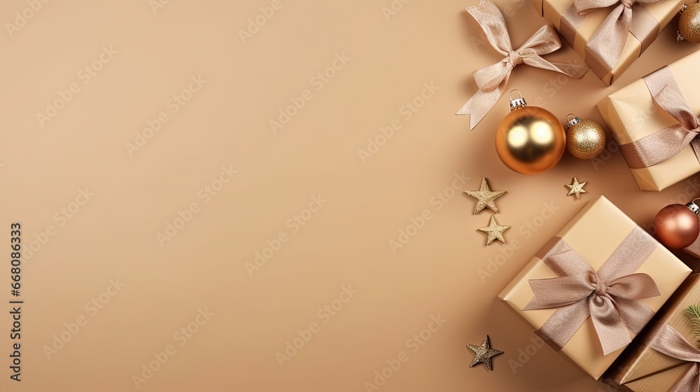 Aufkleber Text space available flat lay with color background and gift boxes Christmas décor