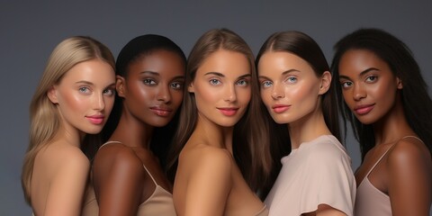 Portrait of a five fashion models of diverse ethnic origin with great skincare - obrazy, fototapety, plakaty