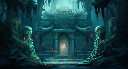 Mythic Temple Illustration.  Generated Image.  A digital illustration of a hidden mythic temple in a painted style.