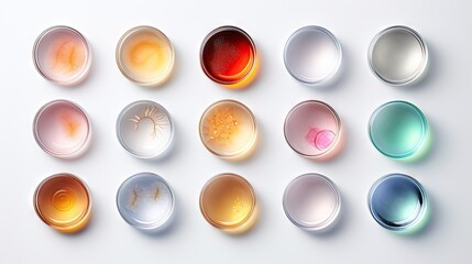 Top view of petri dishes with cosmetics on a white background in a dermatology science laboratory for natural organic and research purposes Copy space available