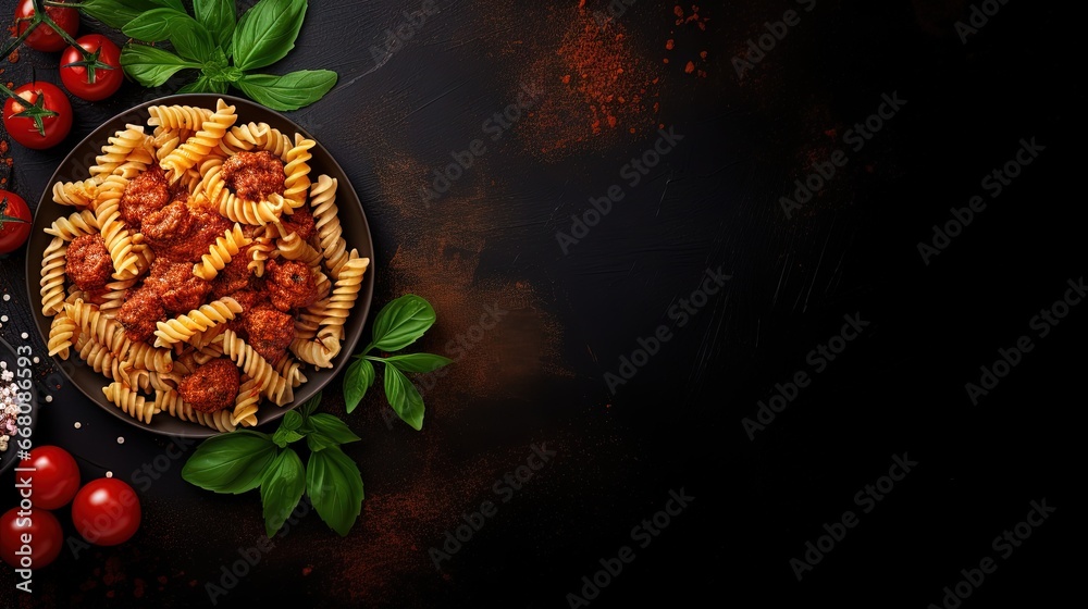 Poster top view of fusilli pasta with meatballs in tomato vegetable sauce garnished with herbs and grated c