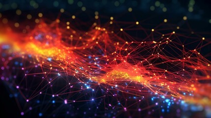 Obraz premium Abstract connected dots and lines glowing neon that burst. AI technology concept, digital data flow movement. Communication and network. 3D rendering. generative AI