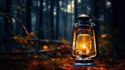 Vintage oil lantern emitting soft light in a dark woodland Light amidst obscurity Conceptual outdoor travel image - obrazy, fototapety, plakaty