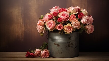 Vintage style roses in metal pot on wooden background