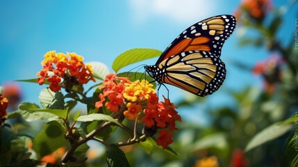 Stunning nature picture monarch butterfly on lantana flower sunny day