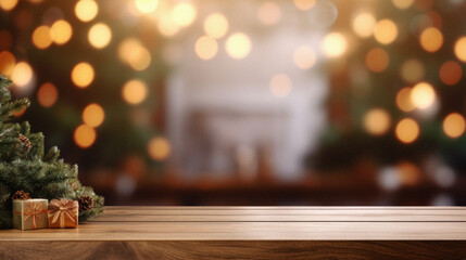 Wooden table and christmas decoration on bokeh background.