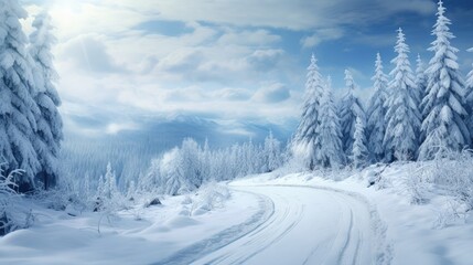Obraz premium Scenic winter road through mountain forest Gorgeous snow landscape