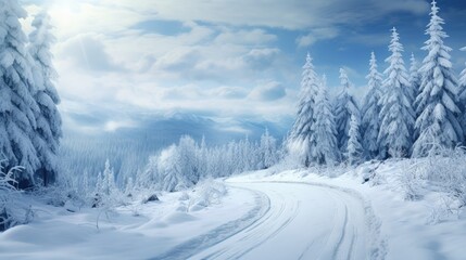 Scenic winter road through mountain forest Gorgeous snow landscape