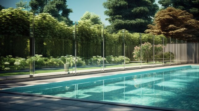 Private home garden featuring a pool secured with mesh fencing