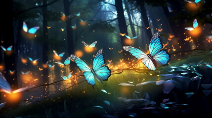 Blue Butterflies with glittering wings in woods lighting up the place like magic, in a clearing, 3d, comic