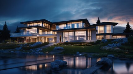 Fototapeta na wymiar Suburban luxury home at nightfall in Vancouver Canada