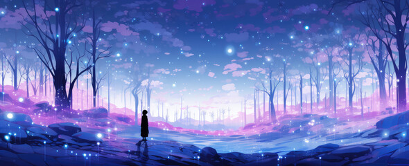 Dreamy purple glowing magic forest background. 